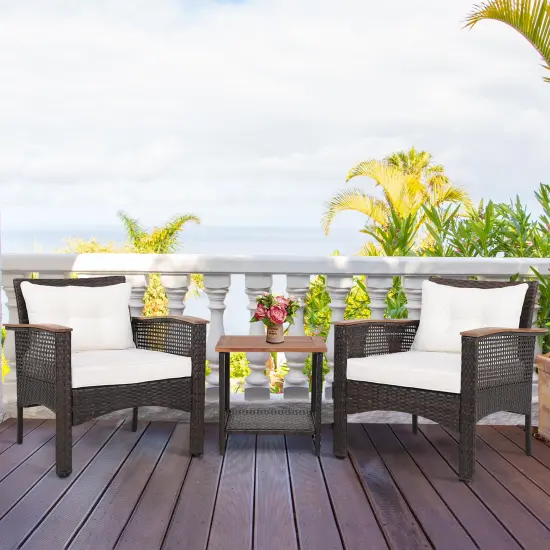 3 Pieces Patio Rattan Furniture Set with Acacia Wood Tabletop {2}