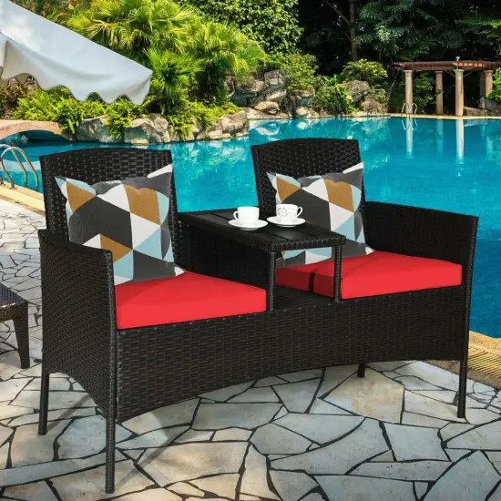 Modern Patio Conversation Set with Built-in Coffee Table and Cushions Red {1}