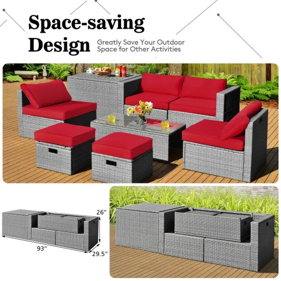 8 Pieces Patio Rattan Furniture Set with Storage Waterproof Cover and Cushion Red {6}