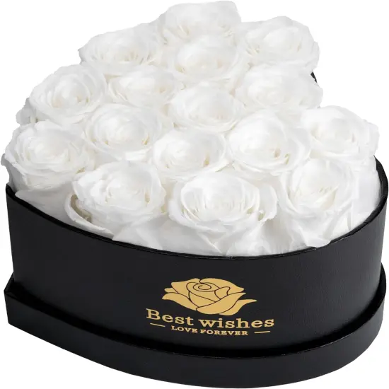 16Pcs Preserved Real Roses for Her in Heart Shape Box White {1}
