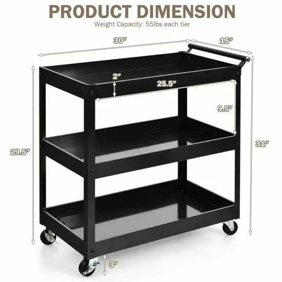 3-Tier Utility Cart Metal Mental Storage Service Trolley Black {5}
