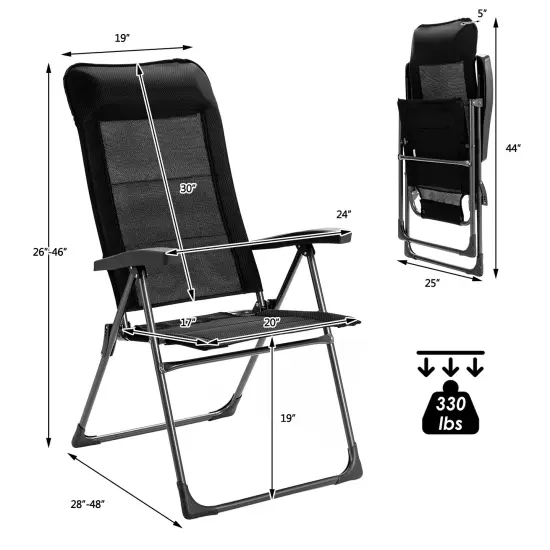 2 Pcs Portable Patio Folding Dining Chairs with Headrest Adjust for Camping -Black {4}