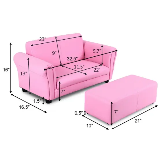 Soft Kids Double Sofa with Ottoman Pink {4}