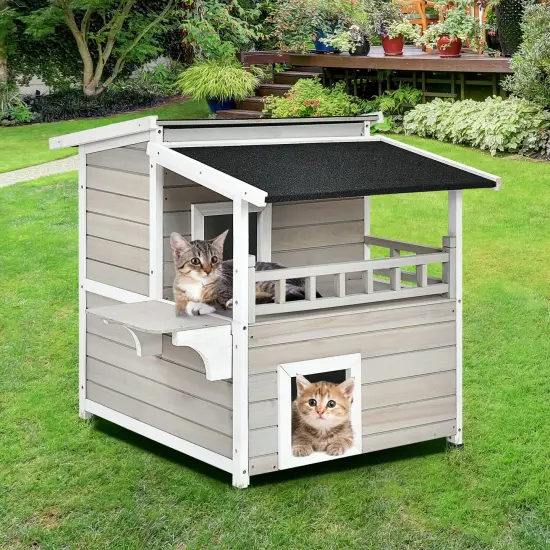2-Story Wooden Patio Luxurious Cat Shelter House Condo with Large Balcony {6}