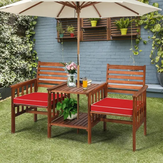 3 pcs Outdoor Patio Table Chairs Set Acacia Wood Loveseat Red {2}