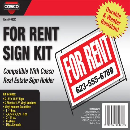 COSCO Sign with Numbers Kit, FOR RENT Sign with Black Vinyl Adhesive Numbers Kit, White Sign with Red Imprint, 16" x 22", 1 Sign {3}