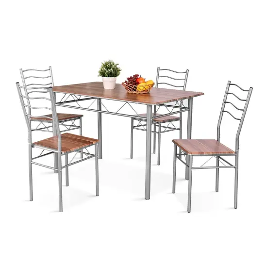 5 pcs Wood Metal Dining Table Set with 4 Chairs Walnut {6}