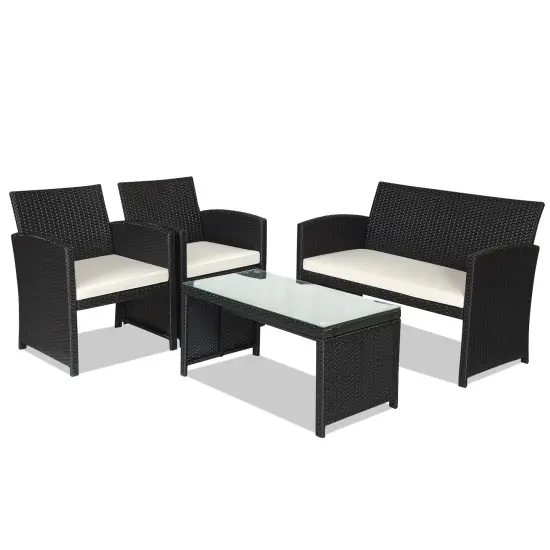 4 Pcs Wicker Conversation Furniture Set Patio Sofa and Table Set White {3}