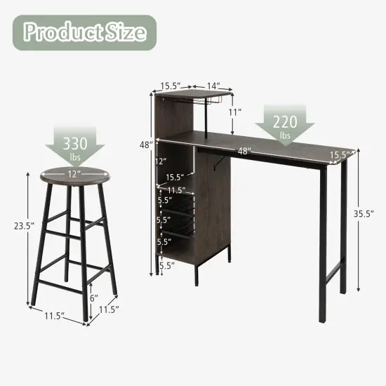 3 Piece Bar Table and Chairs Set with 6-Bottle Wine Rack-Brown {4}