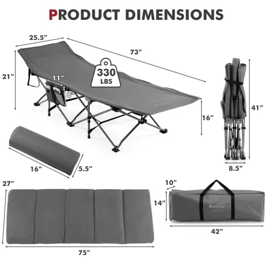 Folding Retractable Travel Camping Cot with Mattress and Carry Bag Grey {5}
