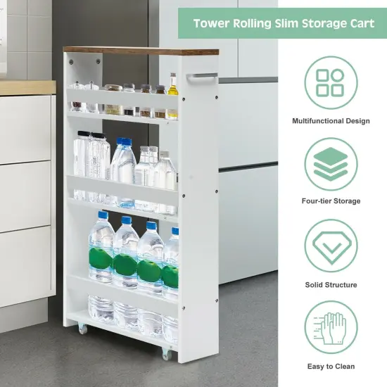 4 Tiers Rolling Slim Storage Kitchen Organizer Cart with Handle-White {3}