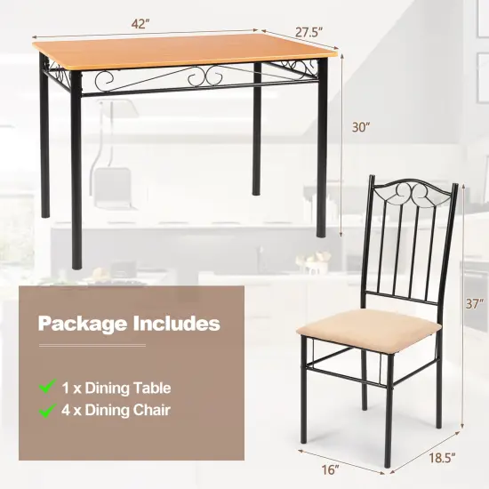 5 Pieces Dining Set Wooden Table and 4 Cushioned Chairs Set with Steel Tube {4}