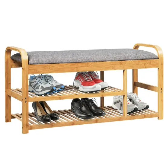 3-Tier Wicker Shoe Rack Bench with Cushion Perfect for Variety of Shoes {4}