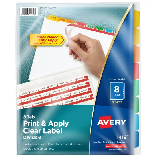 Avery 8 Tab Dividers for 3 Ring Binder, Easy Print & Apply Clear Label Strip, Index Maker Customizable Multicolor Tabs, 5 Sets (11419) {1}