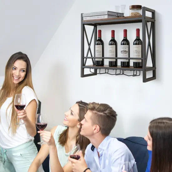 Industrial Wall Mounted Wine Rack With 3 Stem Glass Holders {6}