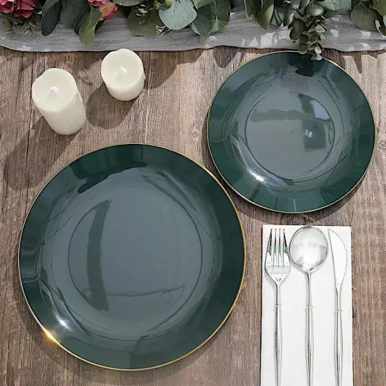 HUNTER GREEN 10 Glossy 10" Round Plastic Salad PLATES Gold Rim {2}