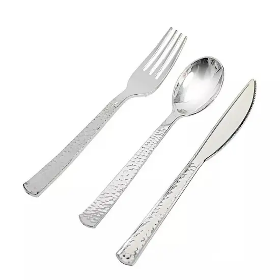 SILVER 24 Hammered Design 7" Plastic CUTLERY Spoons Forks {1}