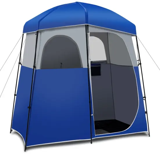 Double-Room Camping Toilet Tent with Floor and Portable Storage Bag-Blue {1}