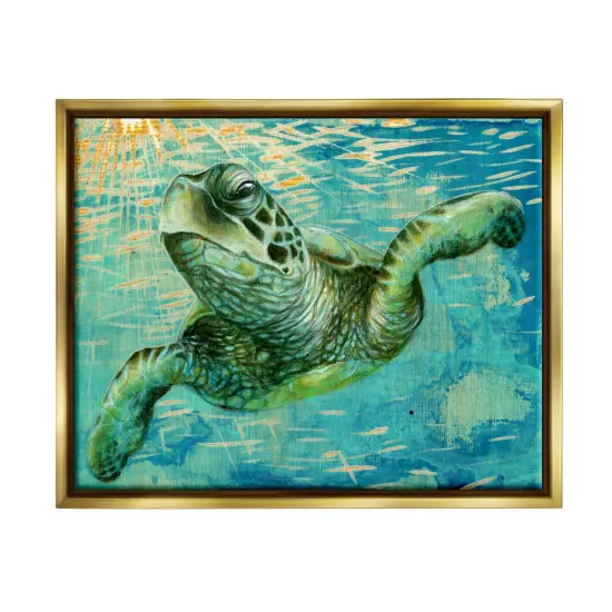 Stupell Industries Turtle & Abstract Rays Framed Floater Canvas Wall Art Gold Floater Frame {1}
