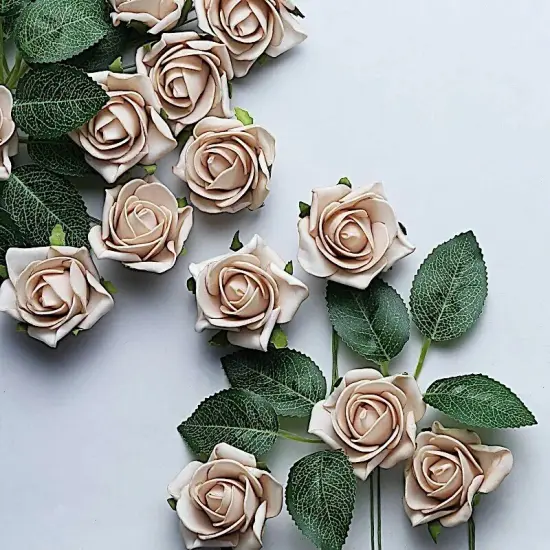 24 CHAMPAGNE 2" Mini FOAM ROSE Flowers Stems {4}