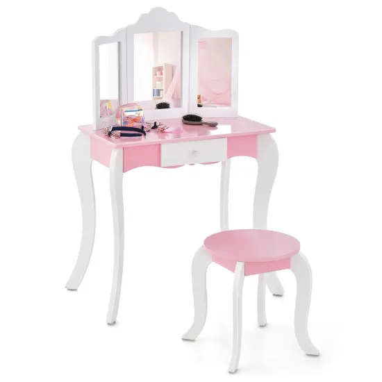 Kid's Wooden Vanity Table And Stool SetWith 3-panel Acrylic Mirror-White {3}