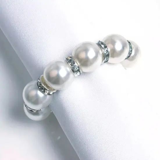 4 Silver White Faux Pearl Rhinestone Napkin Rings {6}