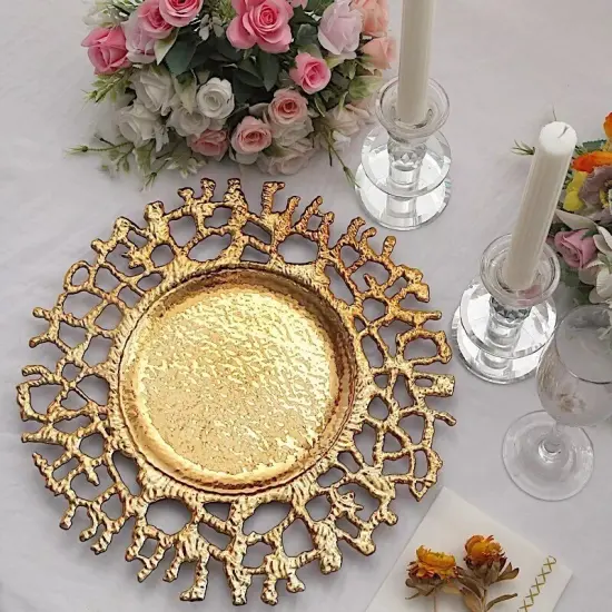 GOLD 6 Round 13" Lace Pattern Decorative Plastic CHARGER PLATES {2}
