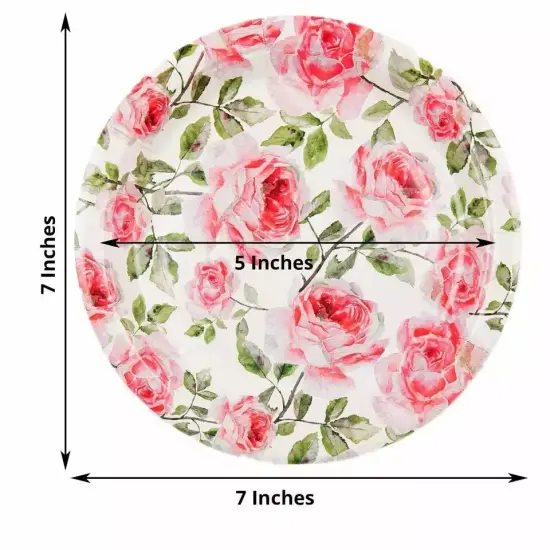 25 WHITE 7" Round Paper Plates with PINK Rose Flowers Design {4}