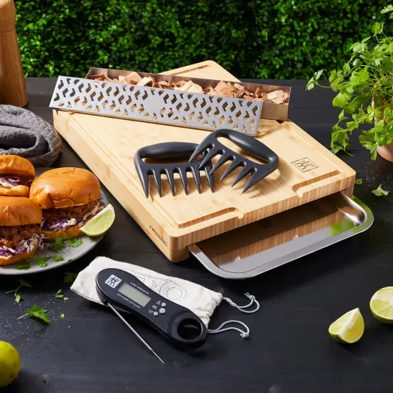 ZWILLING BBQ+ 4-pc Grill Smoker Set, Bamboo Cutting Board with Tray, Smoker Box, Digital Thermometer, Meat Claws {3}