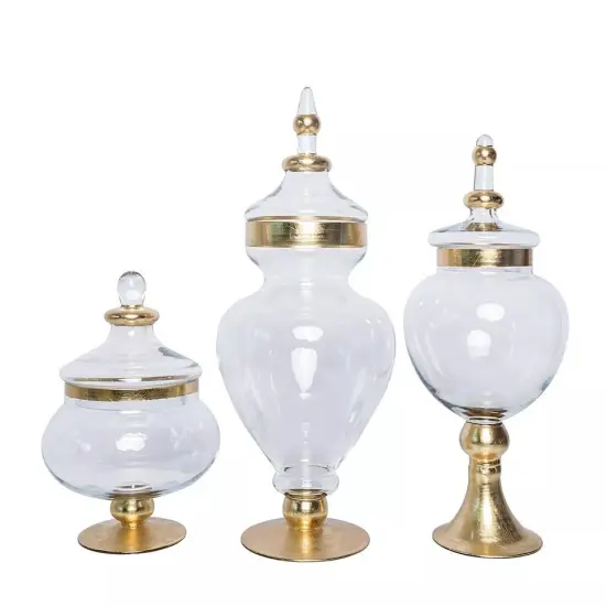 3 pcs 11" 16" 18" Clear with Gold Glass Apothecary Jars Containers with Lids {1}