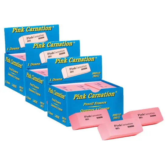 Pink Carnation Erasers, Large, 2-9/16 x 1 x 7/16, 12 Per Pack, 3 Packs {1}