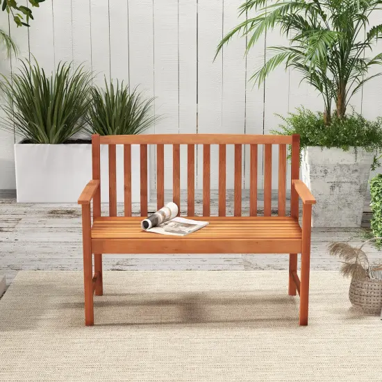 2-seat Patio Wood Bench with Cozy Armrests and Slatted Backrest {3}