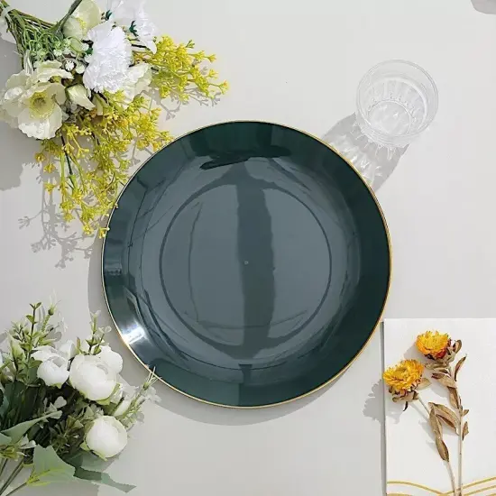 HUNTER GREEN 10 Glossy 10" Round Plastic Salad PLATES Gold Rim {4}