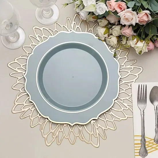 20 DUSTY BLUE 10.5" Round Plastic Dinner Plates GOLD Scalloped Rim {3}