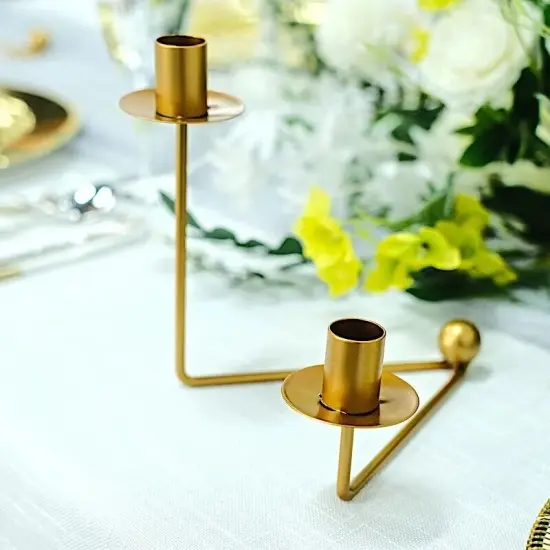 2 GOLD 2 arm Geometric Candelabra CANDLE HOLDERS V-Shaped Base {4}