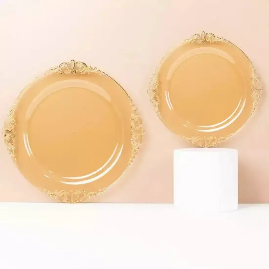 10 TRANSPARENT GOLD 10" Round Plastic Salad Dinner PLATES {4}