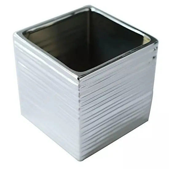 SILVER 2 Square 5" Metallic Ceramic Cube Planter Boxes Flower PLANT POTS {1}