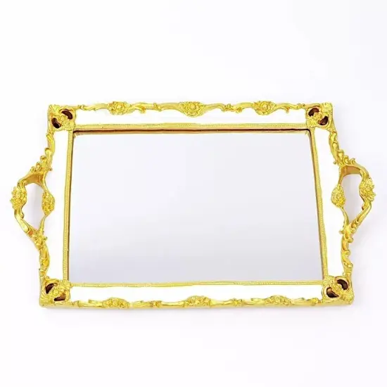 15"x10" Metallic WHITE GOLD Rectangular Mirror SERVING TRAY {1}