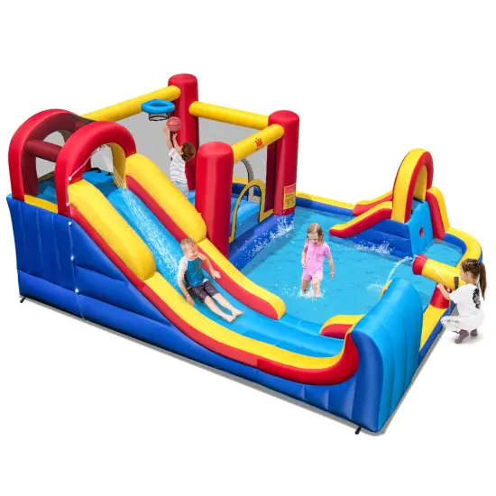 7 in 1 Outdoor Inflatable Bounce House with Water Slides and Splash Pools with 735W Blower {3}