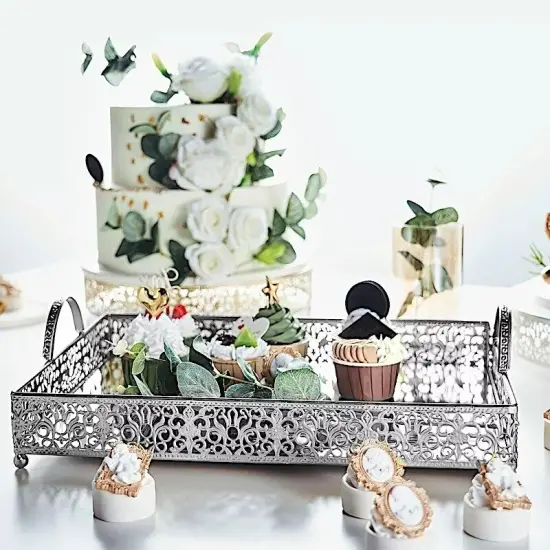 16" tall SILVER Metal Rectangular Rim Mirror Serving Tray Party {5}