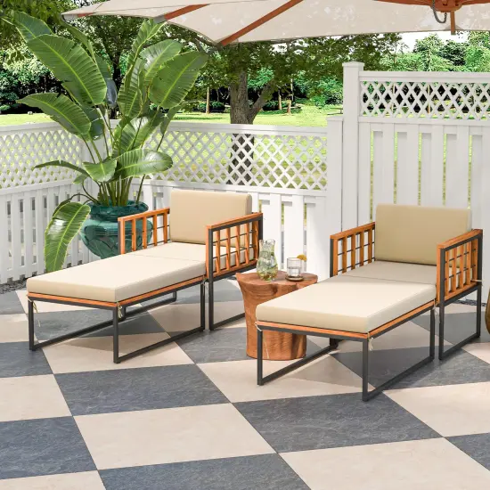 Patio Acacia Wood Armchair With Long Ottoman And Seat Back Cushions {6}