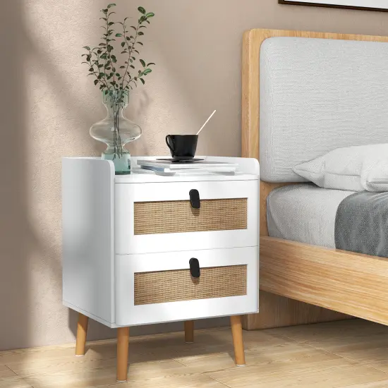 Modern End Table Bedside Table With 2 Rattan Decorated Drawers {1}