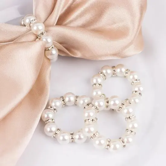 4 Silver White Faux Pearl Rhinestone Napkin Rings {2}