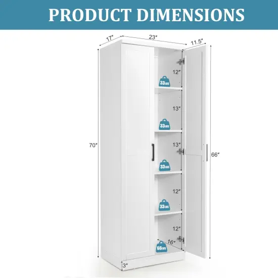 70 Inch Freestanding Storage Cabinet with 2 Doors and 5 Shelves-White {4}
