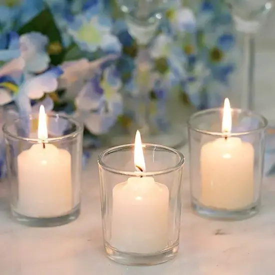 12 IVORY Round Votive Candles with Clear Glass Holders {4}