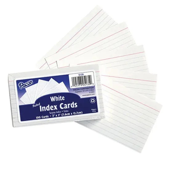 Index Cards, White, Ruled, 1/4" Ruled 3" x 5", 100 Per Pack, 12 Packs {2}