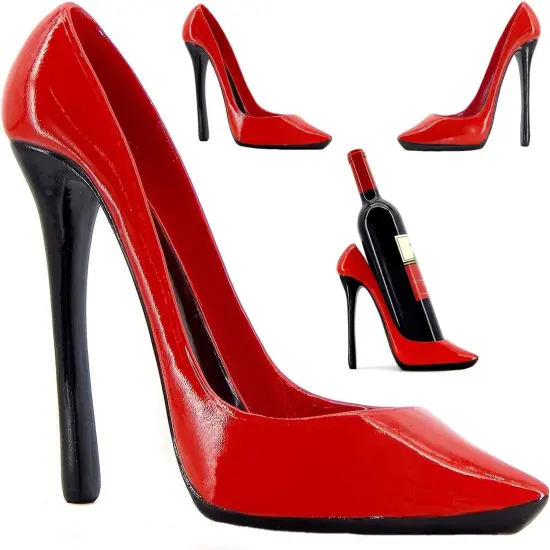 21381 Wine Bottle Holder Shoe Red Black High Heel Shaped Stiletto 8 Inch Tall {1}