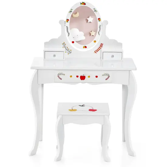 Kids Vanity And Stool Set With 360&deg; Rotatable Mirror And Whiteboard-White {4}