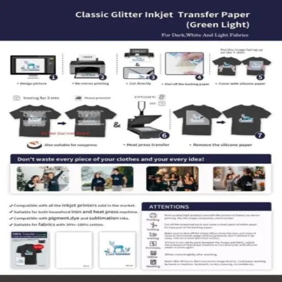 Green Glitter Heat Transfer Paper for Inkjet Printer (10 Sheets, 8.5x11'') Printable Heat Transfer Vinyl for T Shirts Iron on Transfers for Light & Dark Fabrics {2}