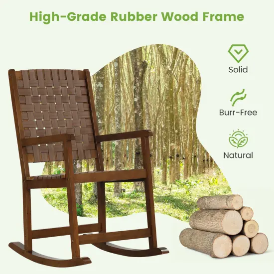 Patio Wood Rocking Chair With Pu Seat And Rubber Wood Frame-Brown {6}